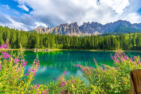 Wonderful aerial view of lake carezza reflecting latemar mountain range in the dolomites on a sunny