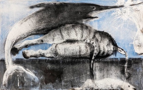 Swordfish, zebra and chrysanthemums, mixed media on canvas, exhibition Miquel Barcelo, Vida y