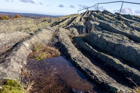 Exposed basalt outcrop from volcanic times, Hirtstein, Marienberg, Erzgebirge, Saxony, Germany,