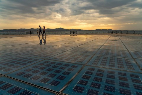 Artwork and solar installation Greeting to the sun at sunset, Zadar, Croatia, Europe