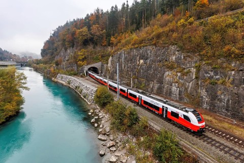 Train of the S-Bahn Vorarlberg of the Austrian Federal Railways ÖBB Eisenbahn Nahverkehr in autumn