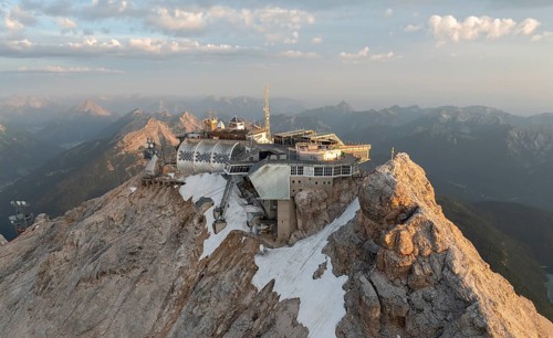 Zugspitze and Zugspitze railway, high mountains, Bavaria, Germany, Europe