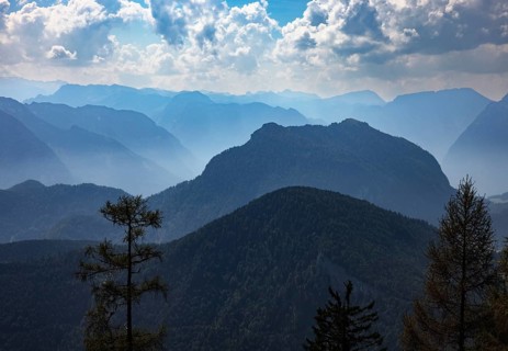 At the summit of Alpbichl with a view of the Schwarzer Berg, Osterhorn group, Salzkammergut,