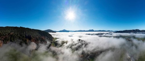 Drone shot, morning fog over the Mondsee, Mondseeland, Salzkammergut, Upper Austria, Austria,