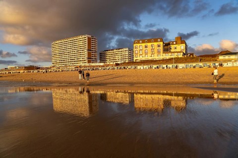 Flat tower block and Hotel Miramar on Weststrand near Westerland, island of Sylt, North Friesland