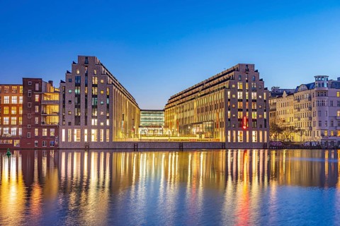 Spree riverbank near the Oberbaum Bridge in Berlin, Germany, Europe