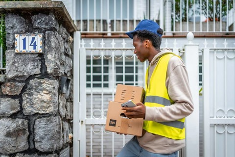 African delivery man arriving on the entrance of a house carrying some packages to deliver