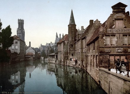 Canal and Belfry, Bruges, Belgium, ca 1895, Historic, digitally restored reproduction from a 19th