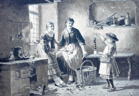 Girl has knitted her first stocking and proudly presents it to her mother and older sister, 1886,