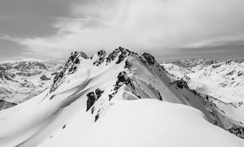 View of mountain panorama with mountain peaks of the Bernina group, mountain landscape in winter on
