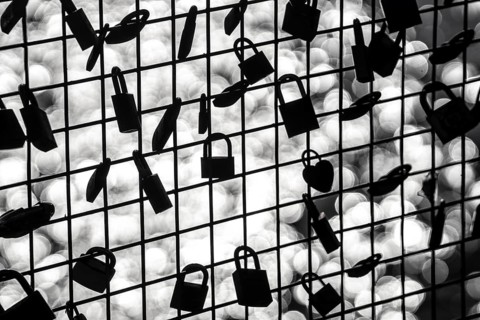 Padlocks, so-called love locks on a fence, vantage point in Wesel am Rhein, North Rhine-Westphalia,
