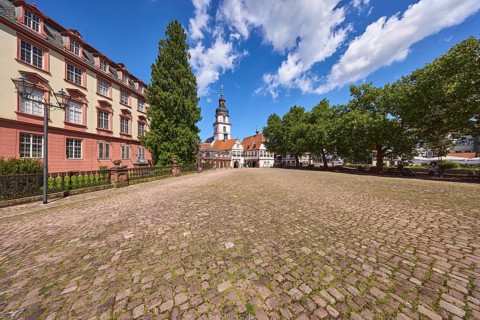 Erbach Castle, church tower, Erbach town church, lantern, historic buildings, blue sky with cumulus
