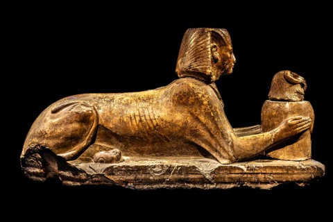 Statue of Ramses II as a sphinx offering a vessel with a ram's head from the exhibition: Ramses the