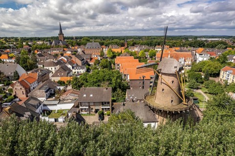 Aerial view of the town with town windmill, Kalkar, Lower Rhine, North Rhine-Westphalia, Germany,
