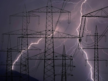 Power pylons in a thunderstorm, lightning, Lower Saxony, Federal Republic of Germany