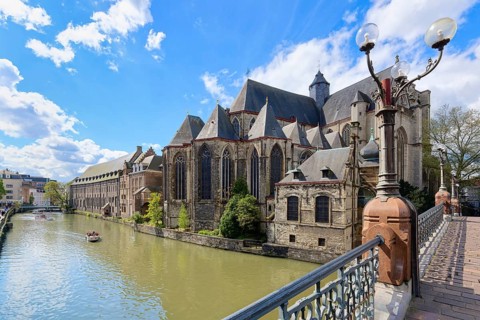 Late gothic Saint Michael Church and St. Michael bridge, Ghent, Flanders, Belgium, Europe