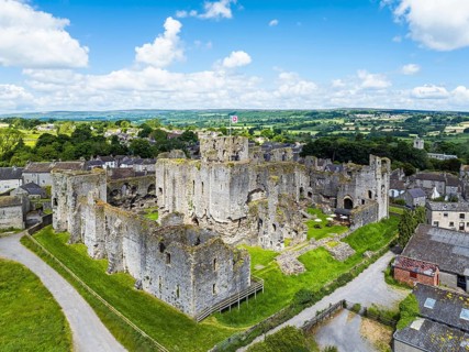 Middleham Castle from a drone, Middleham, Wensleydale, North Yorkshire, England, United Kingdom,