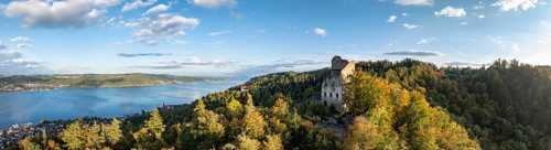 Aerial view, panorama of Lake Constance, Lake Überlingen, with the ruins of Altbodman on the
