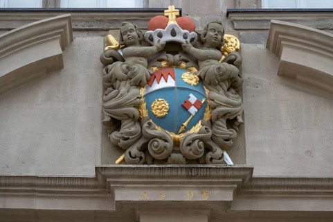 Coat of arms cartouche from 1693 above the portal of the Knauf Museum, market square, Iphofen,