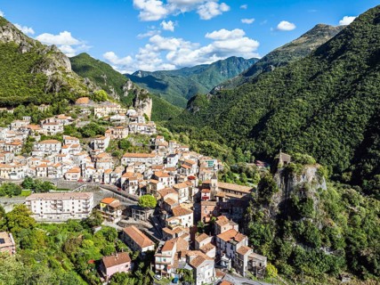 Orsomarso from a drone, Cosenza, Calabria, Italy, Europe