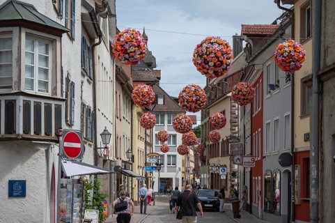 Colourful flower balls decorate the streets of, Villingen-Schwenningen, Baden-Württemberg, Germany,