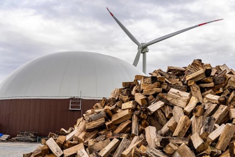 Biogas plant produces gas from various biomass, here the wood storage, the electricity is produced