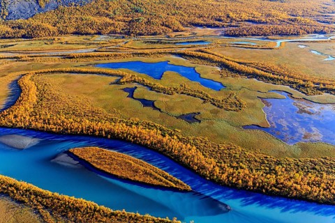 Lake, river, river delta, autumn colours, autumn, mountains, sunny, aerial view, Rapadalen,