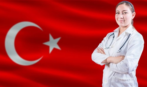Female doctor on Turkey flag. Doctor with crossed arms on Turkey flag. Turkey Health and Care