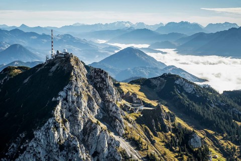 Aerial view, bird's eye view, summit of the Wendelstein, Mangfall mountains, Upper Bavaria,