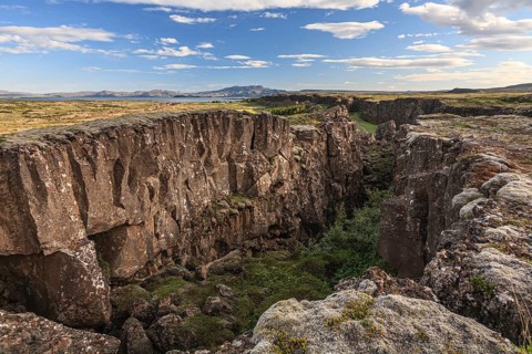 Lava fields, tectonic plates, continental plates, crevasses and canyons, summer, sunny, Thingvellir