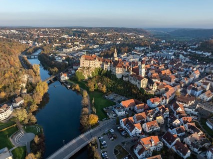 Aerial view of the town of Sigmaringen with the Hohenzollern Castle, a sight and tourist attraction