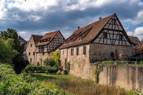 Half-timbered houses on the town wall in Bergheim, Alsace, France, Europe
