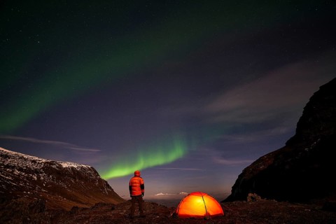Tent in mountain landscape, Sarek National Park, World Heritage Laponia, Norrbotten, Lapland,