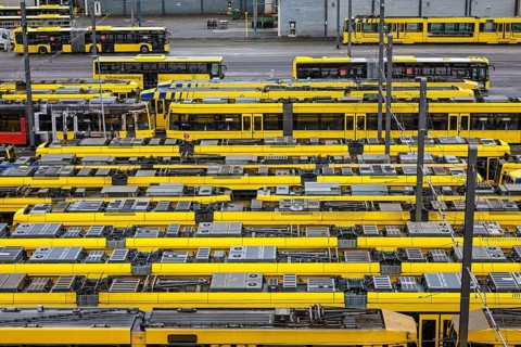 Essen, North Rhine-Westphalia, Germany, Trams at Ruhrbahn depot, Verdi and EVG warning strike,