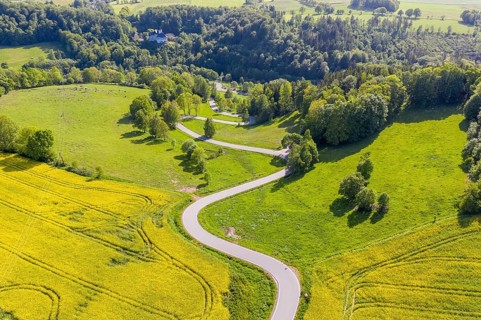 Aerial view of the winding serpentine road between blossoming rapeseed fields from Reifland to
