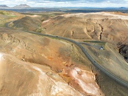 Viewpoint at ringroad no. 1 in the Myvatn geothermal area, aerial view, Myvatn region, Iceland,