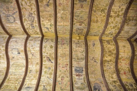 Ceiling fresco on a wooden ceiling in the Toulouse-Lautrec Museum in the Palais de la Berbie, Albi,