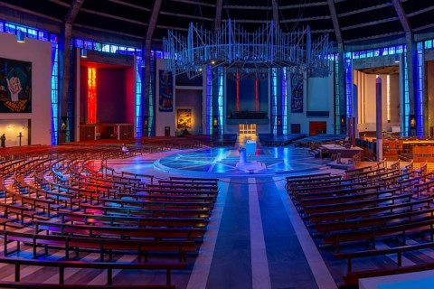 Modern interior of Roman Catholic cathedral church, Metropolitan Cathedral of Christ the King, city