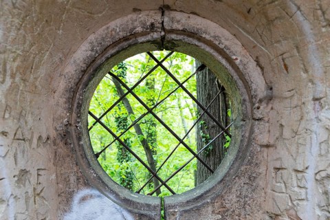 Interior view of the Schanzenturm, artificial tower ruin of the manor in the forest of the Lausker