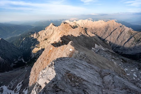 Impressive rocky mountain landscape in the evening light, steep mountain ridge, Jubiläumsgrat with