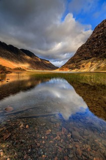 Mountains reflected in lake, evening light, cloudy mood, autumn, Loch Achtriochtan, Glencoe,