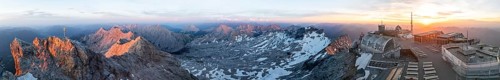 Sunset, Alpine panorama, aerial view, Zugspitze with summit cross, Zugspitzbahn and Zugspitzplatt
