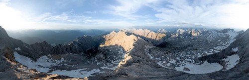 Alpine panorama, aerial view, Zugspitze and Zugspitzplatt with glacier, high mountains, Bavaria,