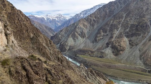Panj Valley on the Panj River, border river between Tajikistan and Afghanistan, near the village of