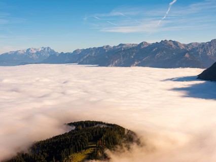 High fog over the Salzach valley, Dachstein and Tennengebirge mountains in the background, Roßfeld,