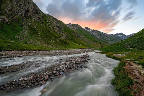 Umbaltal valley with Isel mountain stream at sunset, Venediger Group, Hohe Tauern National Park,