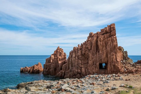 Red rocks by the sea, porphyry rocks, Arbatax, Tortolì, Province of Ogliastra, Sardinia, Italy,