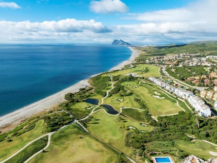 The La Hacienda Links Golf Resort at the Mediterranean Sea with the Rock of Gibraltar (British) in