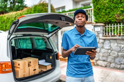 African young delivery man using digital table while delivering parcels with van