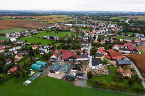 Drone image, residential buildings, view of village with church, Antiesenhofen, Innviertel, Upper